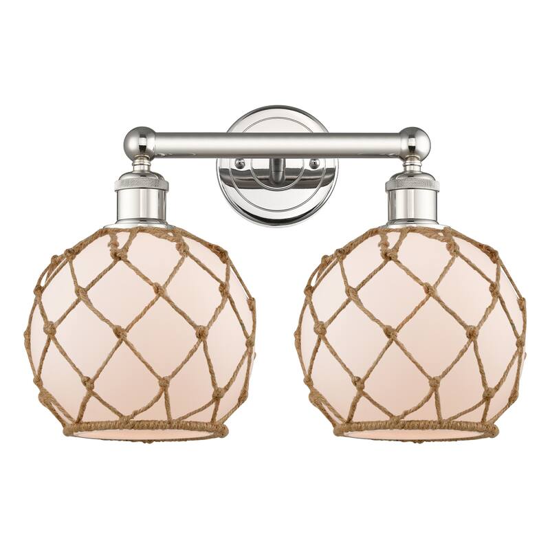 Innovations Lighting Endless Possibilities Edison - Farmhouse Rope - 2 Light 17" Bath Vanity Light - White Glass with Brown Rope/Polished Nickel