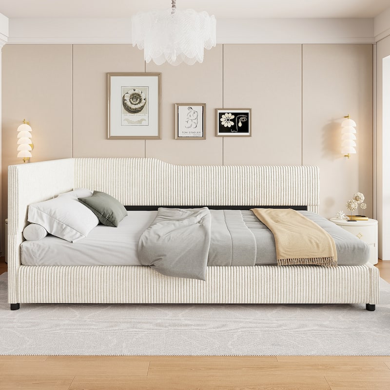Full Size L-Shaped Corduroy Daybed, Upholstered Sectional Sofa Bed for Guest Room - Beige - Full