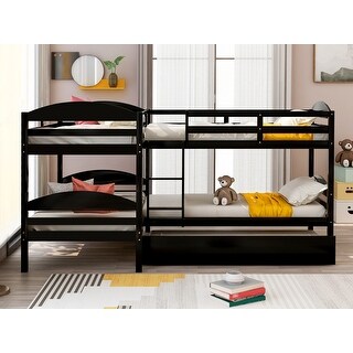 Versatility Twin L-Shaped Wood Bunk Kids Bed with Trundle,Guardrails