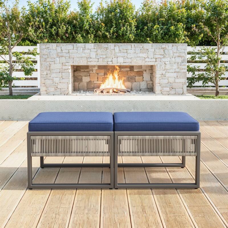 Patio Ottomans Set of 2 with Thick Cushion - Blue - Light Beige - Blue