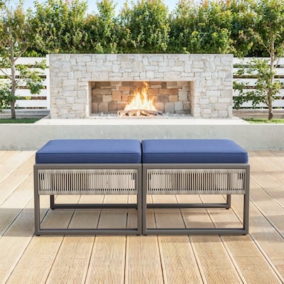 Patio Ottomans Set of 2 with Thick Cushion - Blue