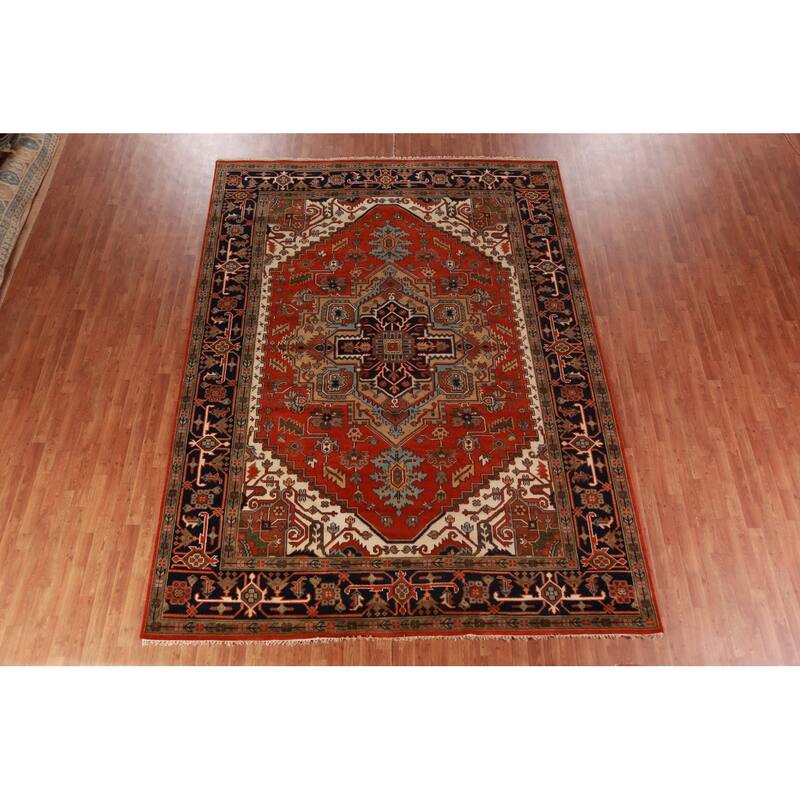 Geometric Heriz Serapi Indian Rug Hand-Knotted Oriental Wool Carpet - 8'11" x 11'11"