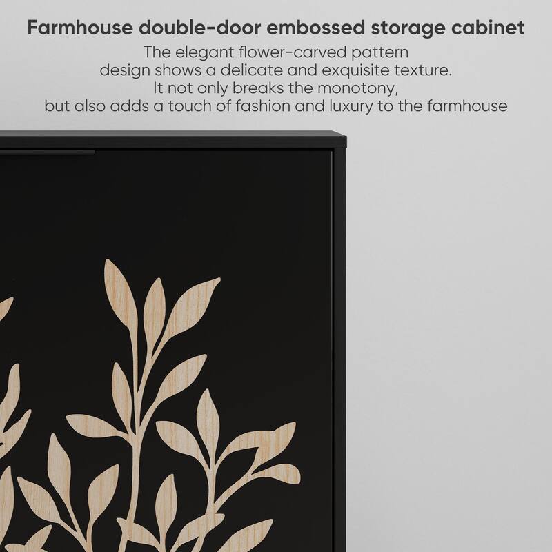 Flower Carved 2 Door Buffet Cabinet, Large Wooden Accent Cabinet, Entryway Table with 2 Doors & Adjustable Shelves