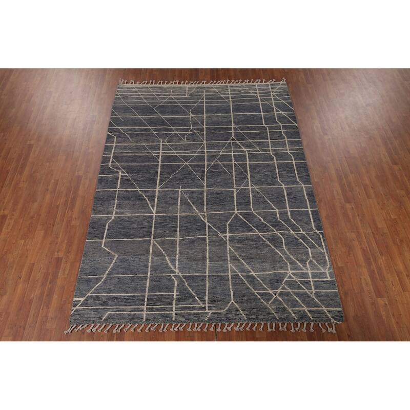 Blue Moroccan Abstract Area Rug Handmade Wool Carpet - 7'8" x 10'7"