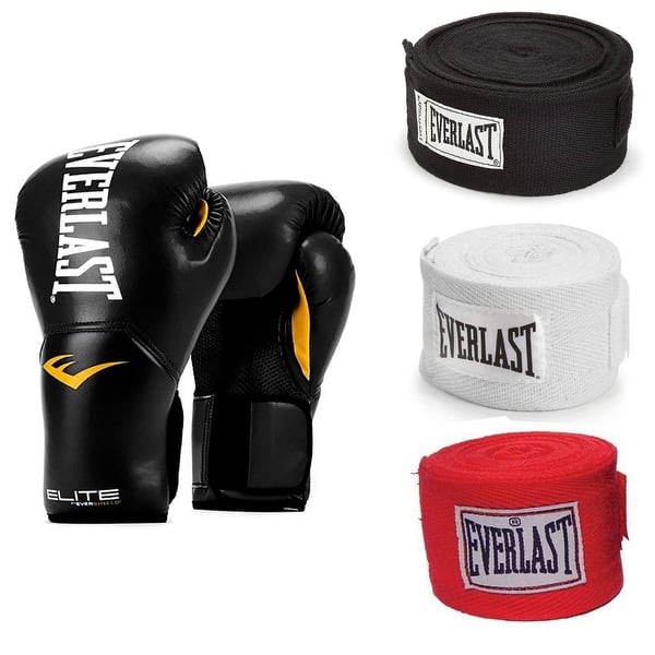 Everlast Black Elite ProStyle Boxing Gloves 12 Oz & 120-Inch Hand Wraps (3 Pack) - - Overstock - 36786993