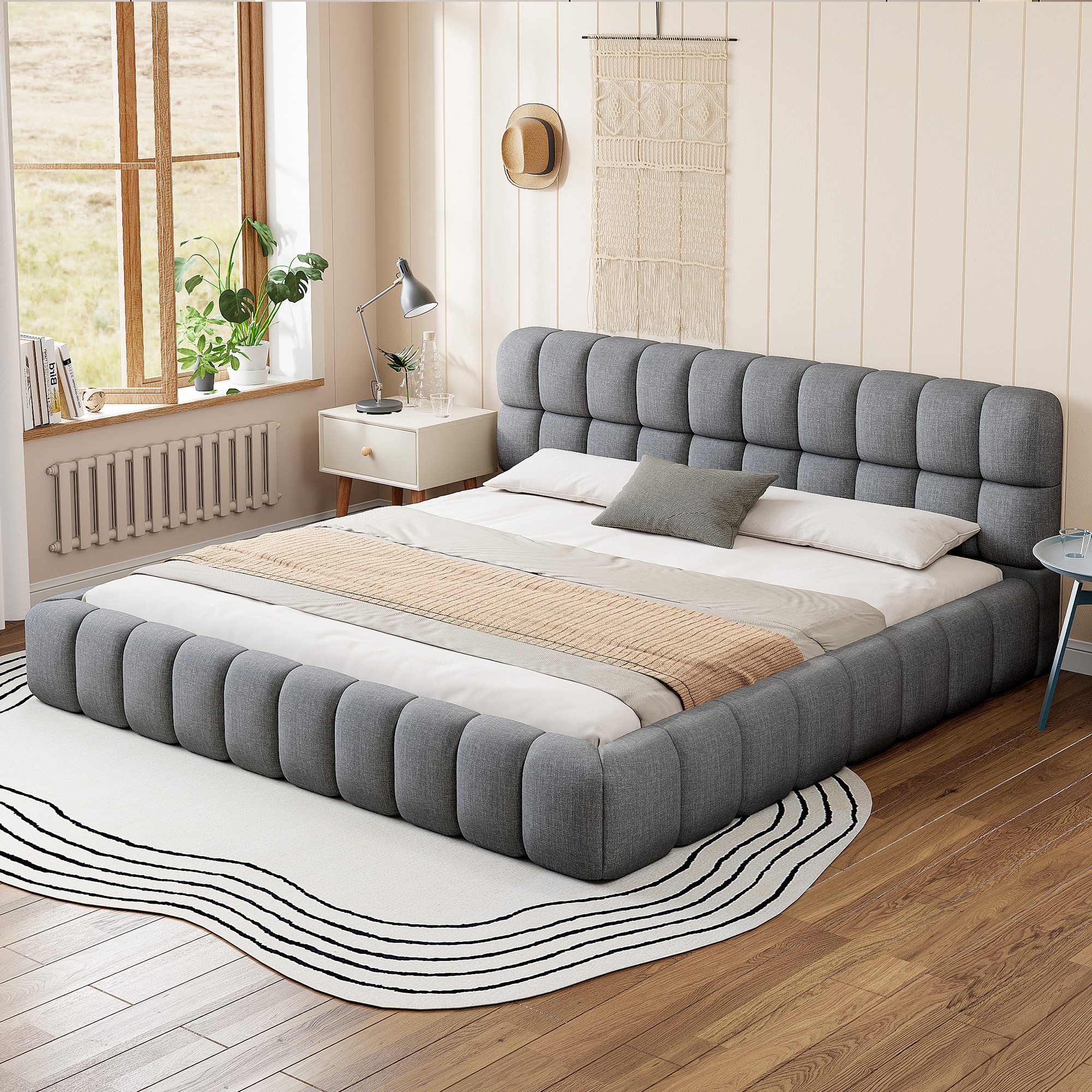 King Size Upholstered Platform Bed with Thick Fabric, Grounded Bed with Solid Frame