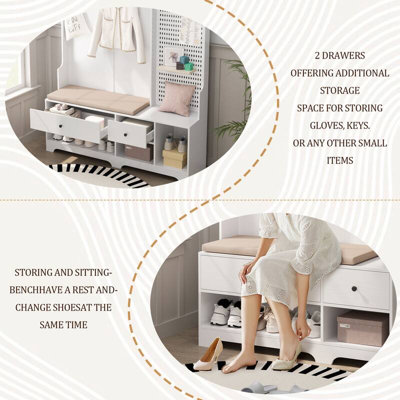GDFStudio - Finn Multifunctional Hall Tree with Shoe Bench, Pegboard, and Ample Storage