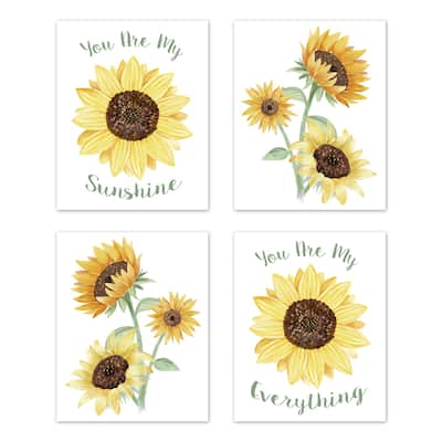 Sweet Jojo Designs Yellow Green Boho Floral Sunflower Collection Wall Decor Art Prints (Set of 4) - Farmhouse Watercolor Flower