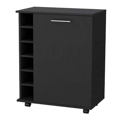 Modern Black Bar Cart with Wine Rack, Cabinet Storage, and Wheels Holds 6 Bottles - 25.8" x 14.7" x 32.3"