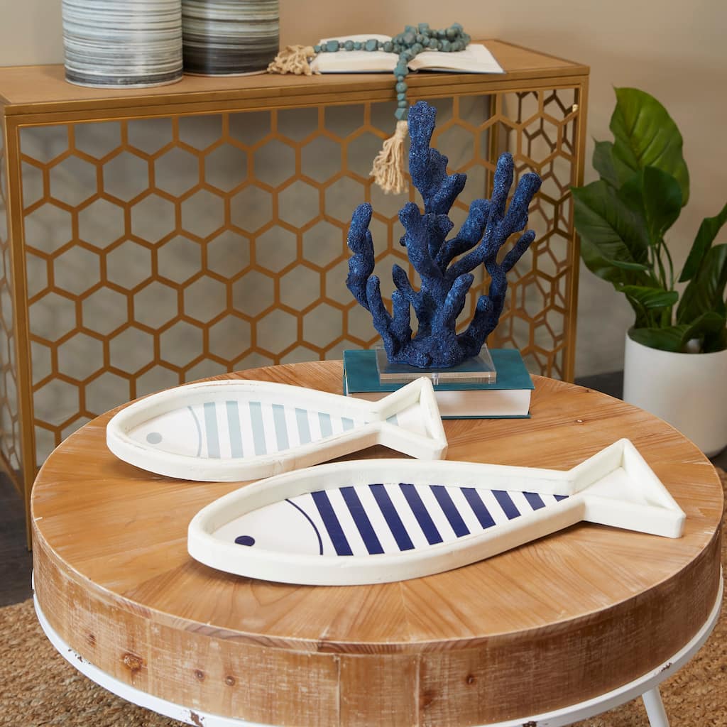 White Wood Fish Living Room Decor Tray (Set of 2) - 21", 16"W