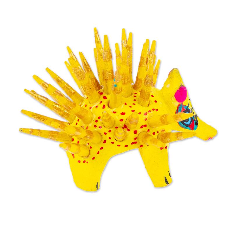 Novica Handmade Cute Porcupine In Yellow Wood Alebrije Figurine