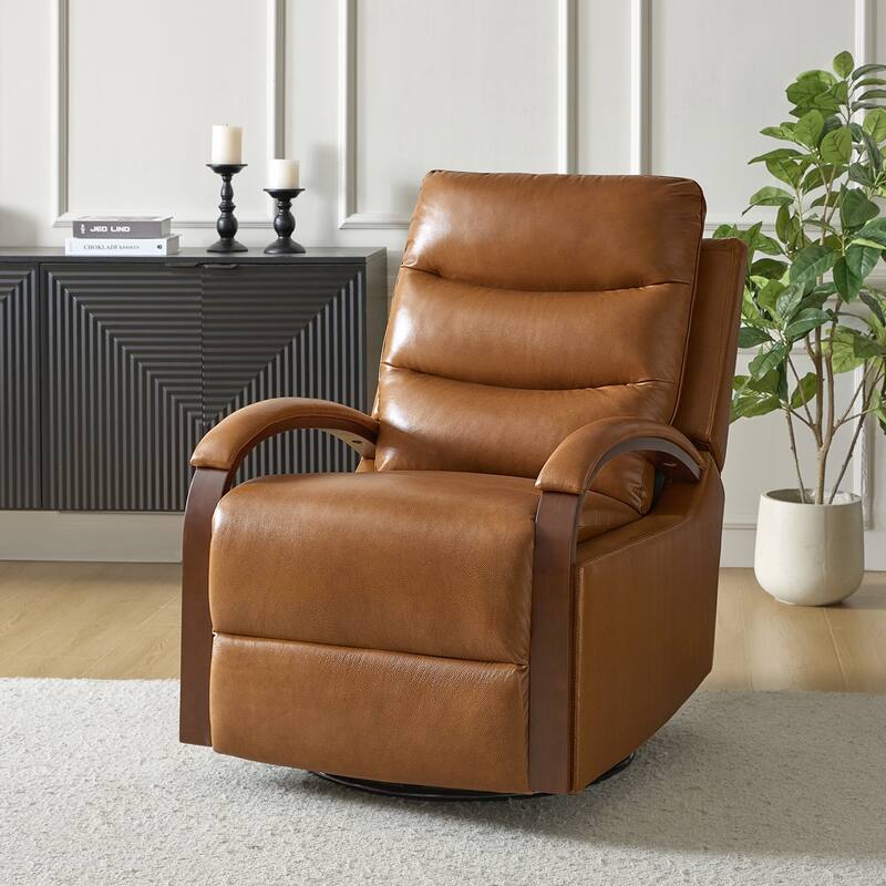 Leopold Modern Genuine Leather Swivel Rocking Manual Recliner Chair with Wooden Arm Accents by HULALA HOME - Camel
