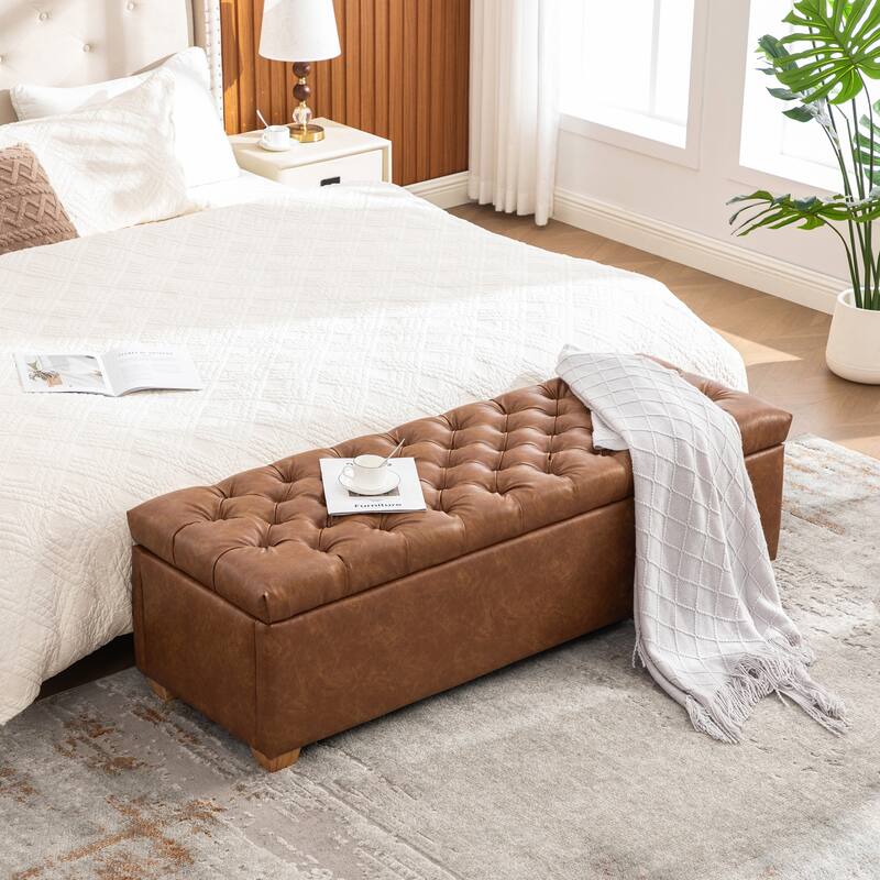 Faux Leather Storage Ottoman Bench End of Bed Bench, Tufted Flip-Top Accent Window Bench with Legs, Bedroom Footrest - Brown