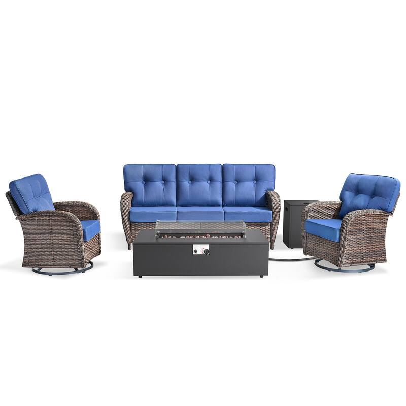 Pocassy 43-In Fire Pit w/ Outdoor Sofa Swivel Chair Ottoman Set