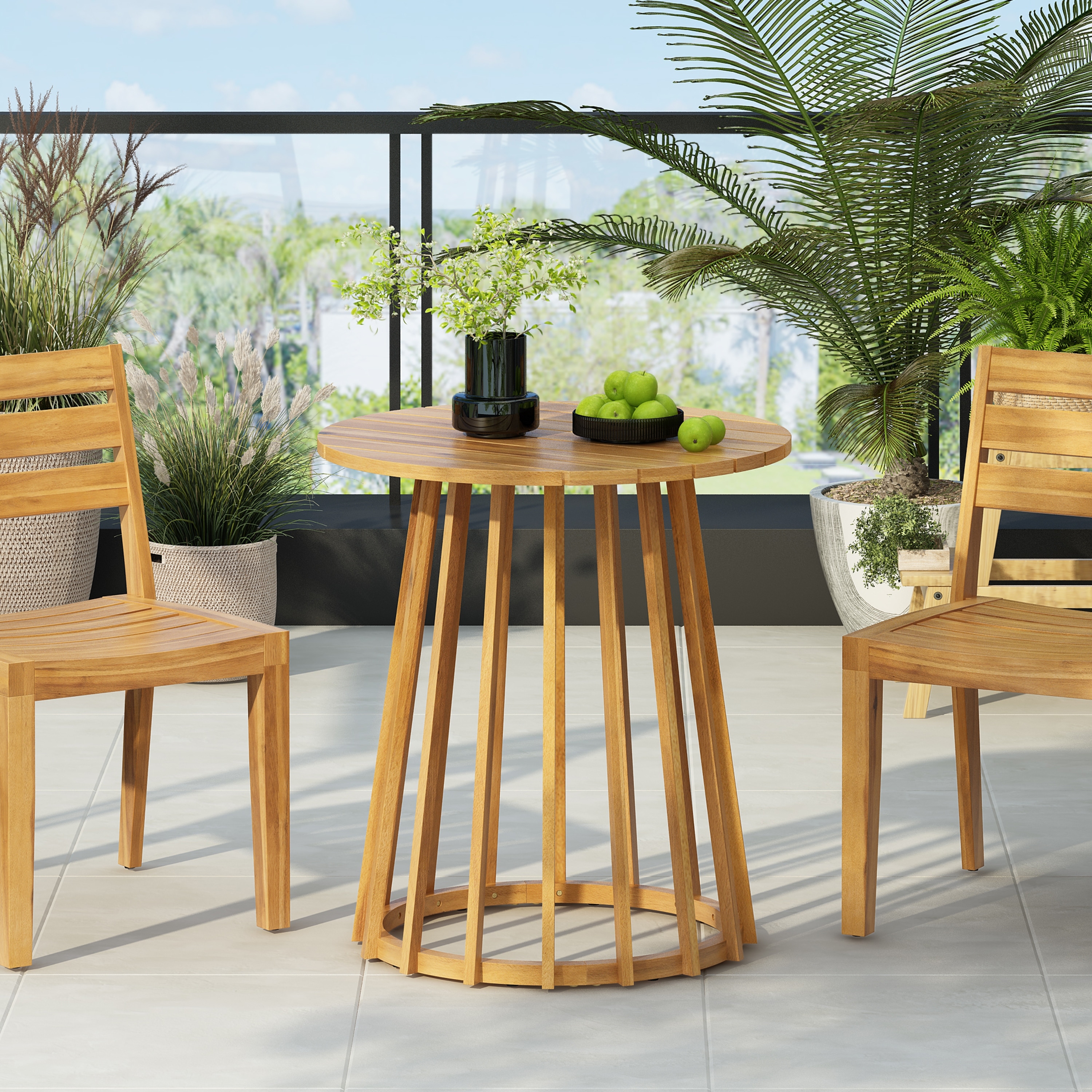 Roomfitters Outdoor Round Top Acacia Wood Dining Table with Slatted Design, Patio Bistro Table for Garden or Balcony, Teak