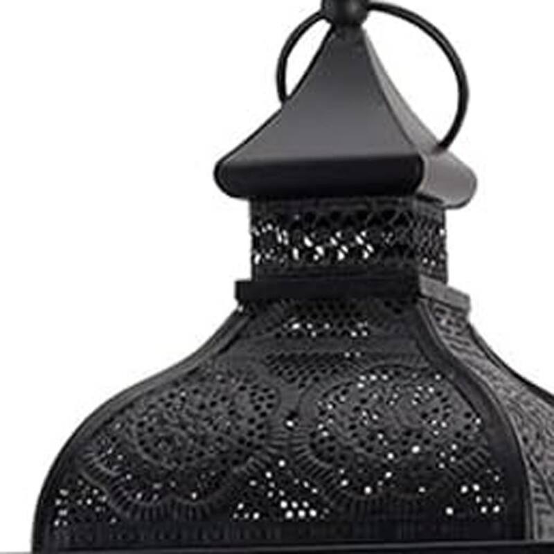 18" Clear And Black Glass And Metal Filigree Tabletop Lantern Candle Holder