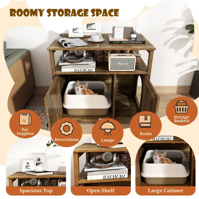 Cat Litter Box Enclosure with Double Barn Doors Divider Side Entry and Storage Shelf