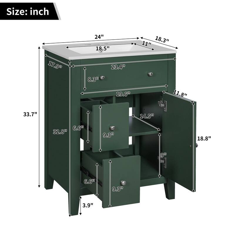 24" Bathroom Vanity with Ceramic Basin, 2 Drawers, Soft-Closing Door