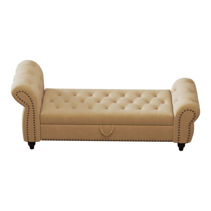64.5" Bench for Bed Room Nails Tufted Chaise of Lounge with Storage Velvet Upholstery Khaki