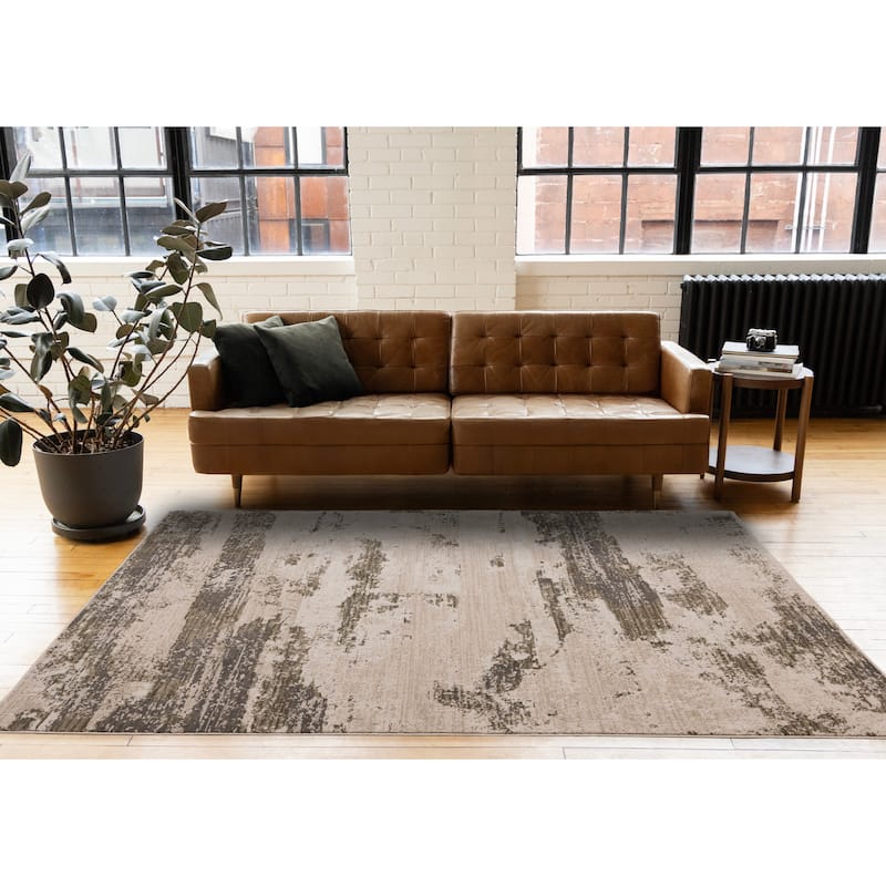 White Green Grey Distressed Textured High-Traffic Rug