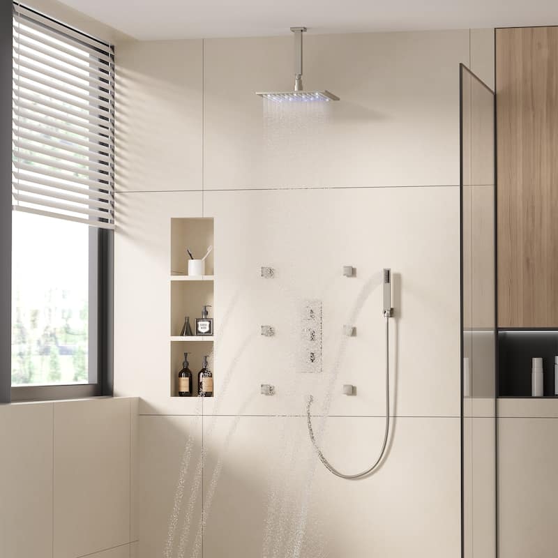 Celling 12 inch LED 3 Function Thermostatic Shower System with 6 Body Jets