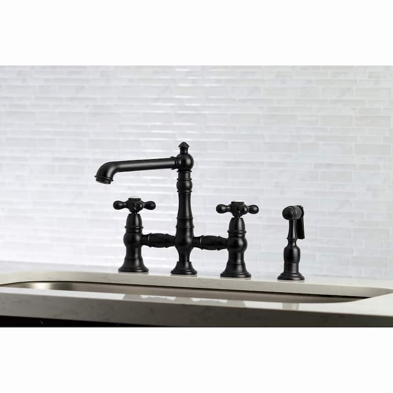 English Country Bridge Kitchen Faucet with Sprayer in Matte Black