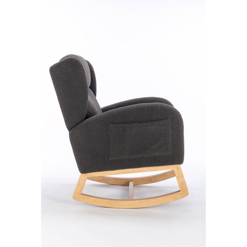 Dark Gray Modern 38" High Back Upholstered Rocking Chair with Wood Legs and Packet