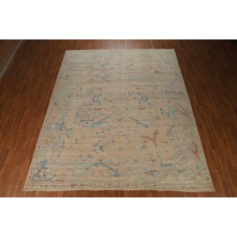 Floral Pink Oushak Turkish Area Rug Hand-Knotted Wool Carpet - 9'7"x 12'0"