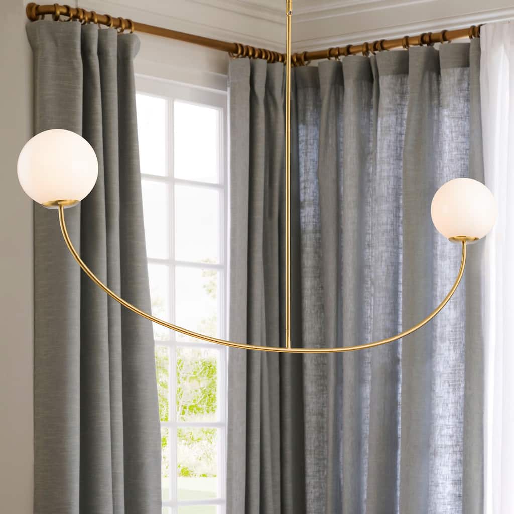 55" Modern Linear 2-Light Brass Finish Island Pendant with Milk White Glass Globe Shades for use in Dining Room
