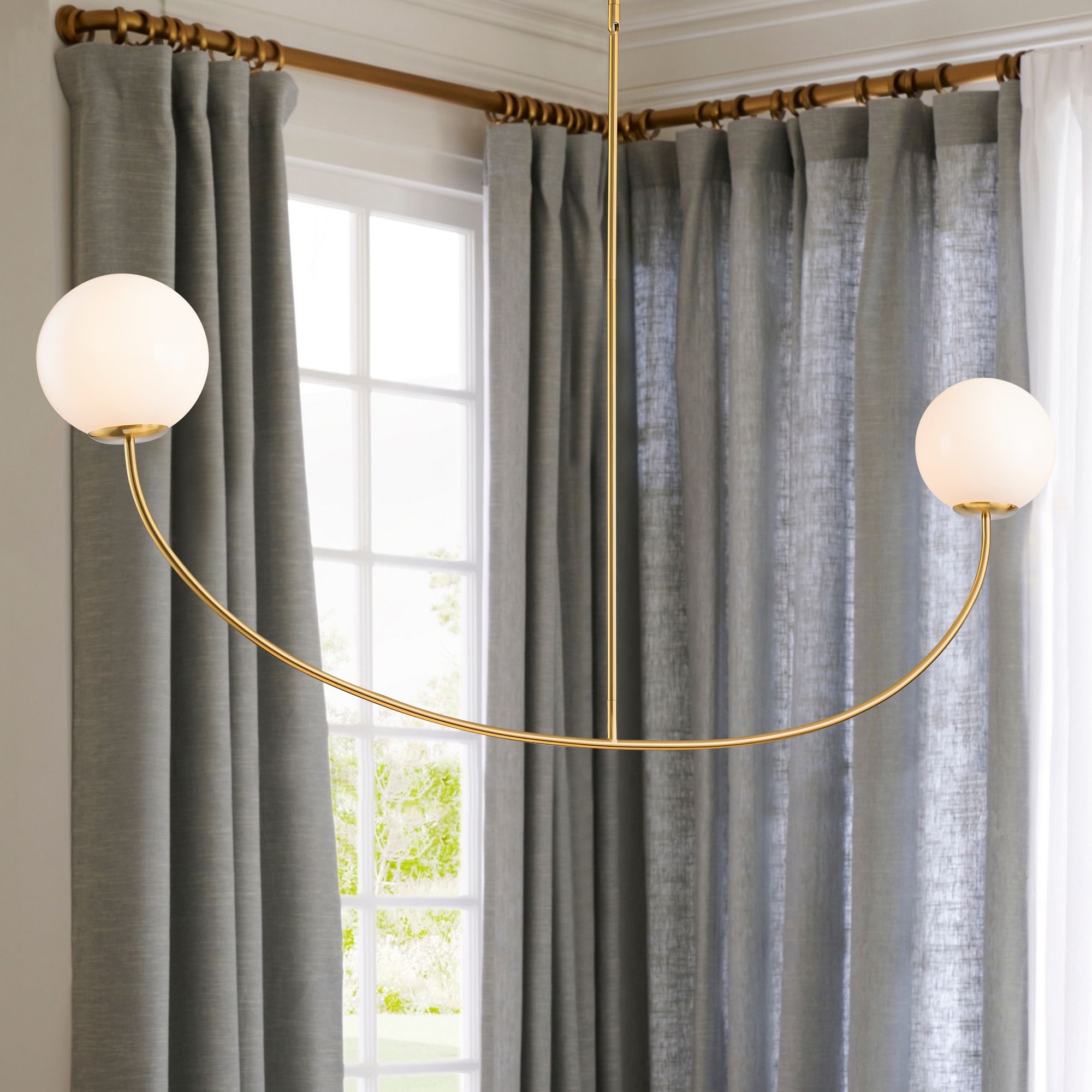 55" Modern Linear 2-Light Brass Finish Island Pendant with Milk White Glass Globe Shades for use in Dining Room