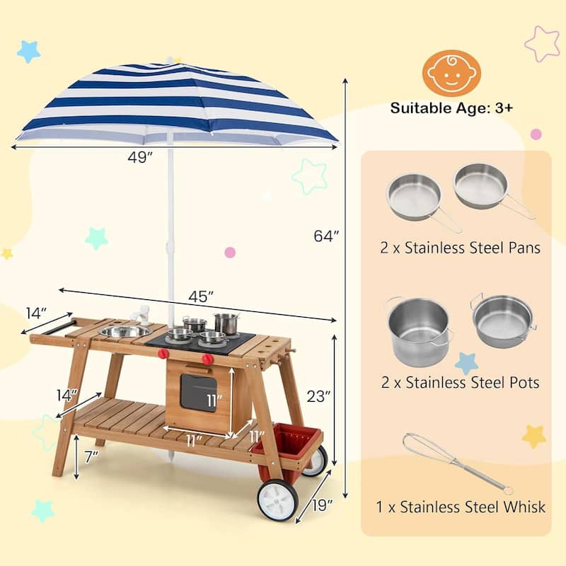 Kid's Play Trolley Outdoor Wooden Cart w/ Sun Umbrella for 3+
