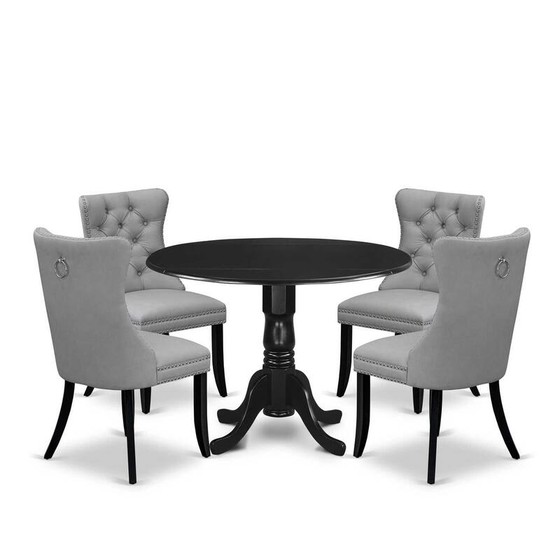 Modern 5 Piece Dining Set - Round Table with Dropleaf & 4 Chairs - Black & Gray