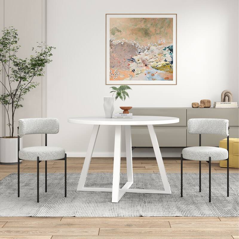Roundhill Durban 3-Piece Round Dining Set, Trestle Dining Table with 2 Boucle Chairs - Black/White