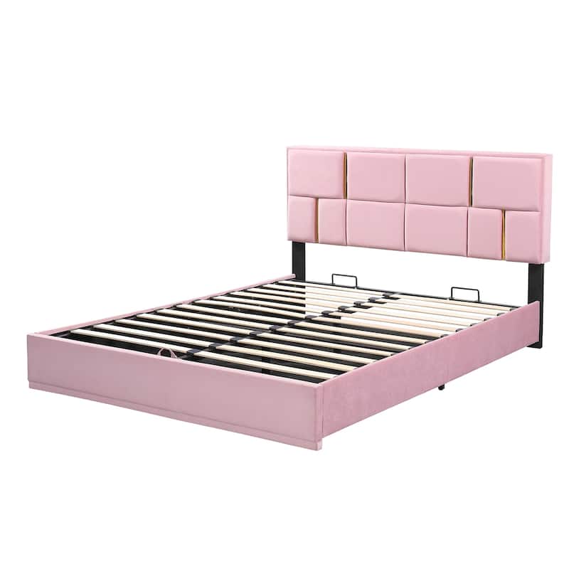2-Pieces Bedroom Sets, Queen Size Upholstered Platform Bed with Hydraulic Storage System, Storage Ottoman with Metal Legs