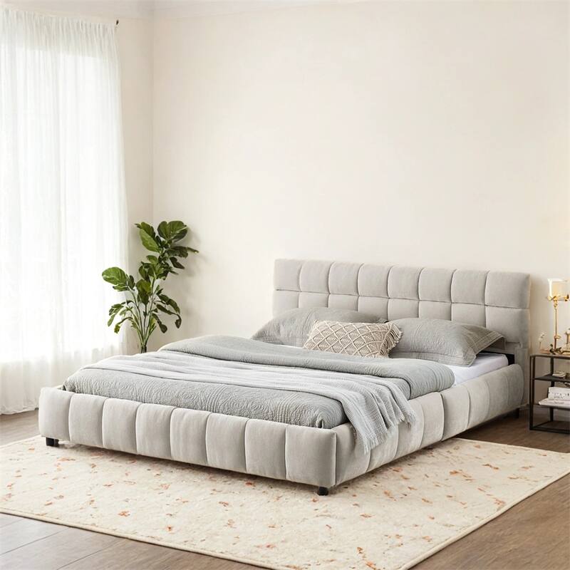 Queen Size Upholstered Bed,with Headboard and Solid Bed Frame