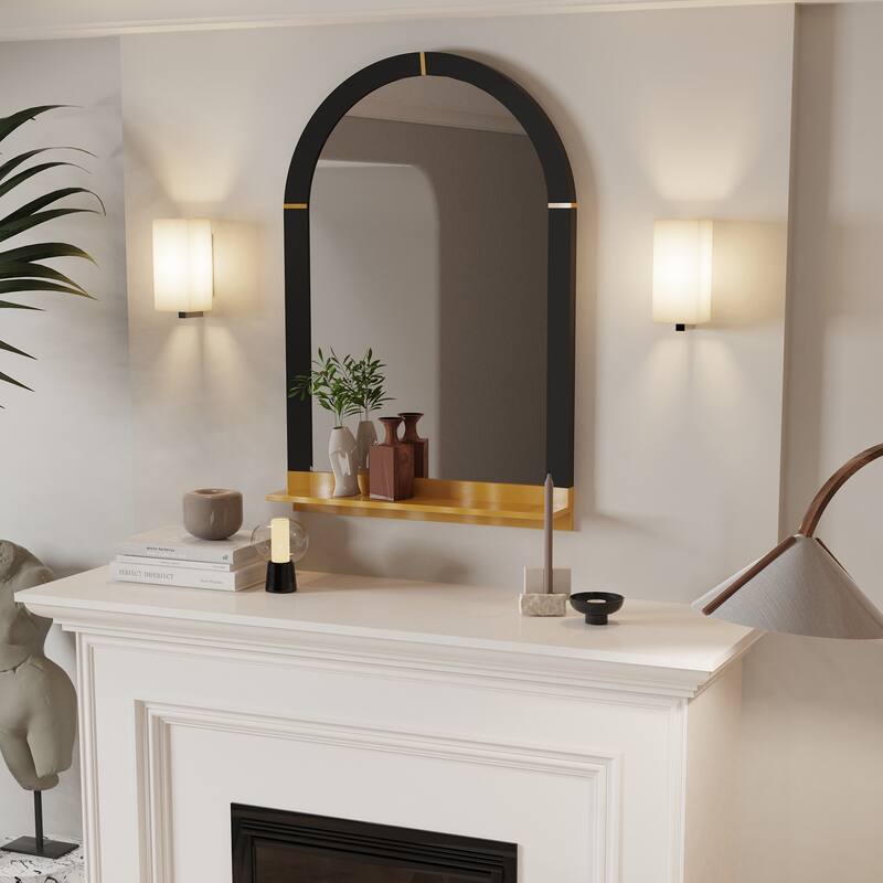 Wood Framed Retro Wall Mirror With Metal Gold Shelf - 30" H x 20" W x 4" D