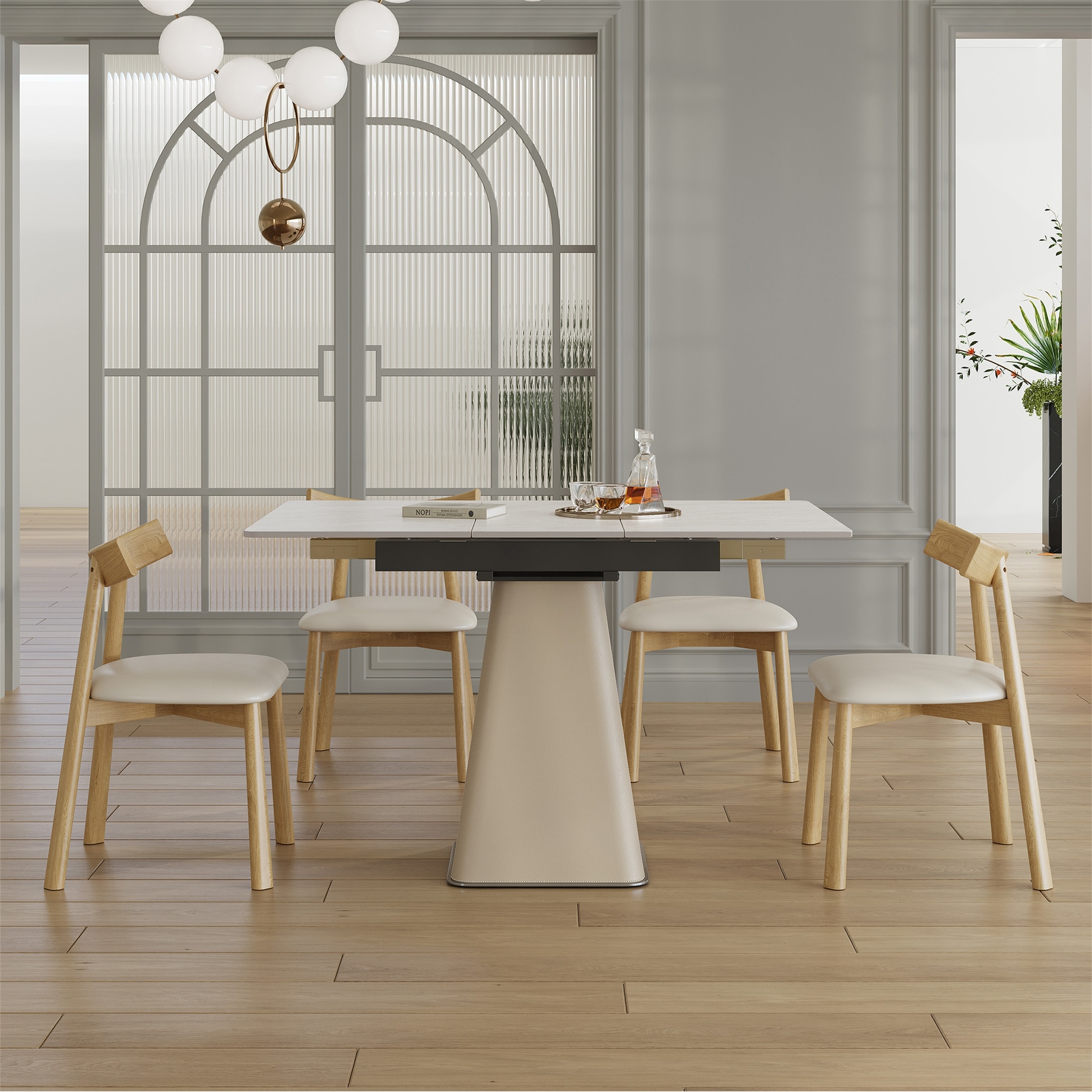 Modern 5-Piece Expandable Table with 4 Wooden Leg Chairs