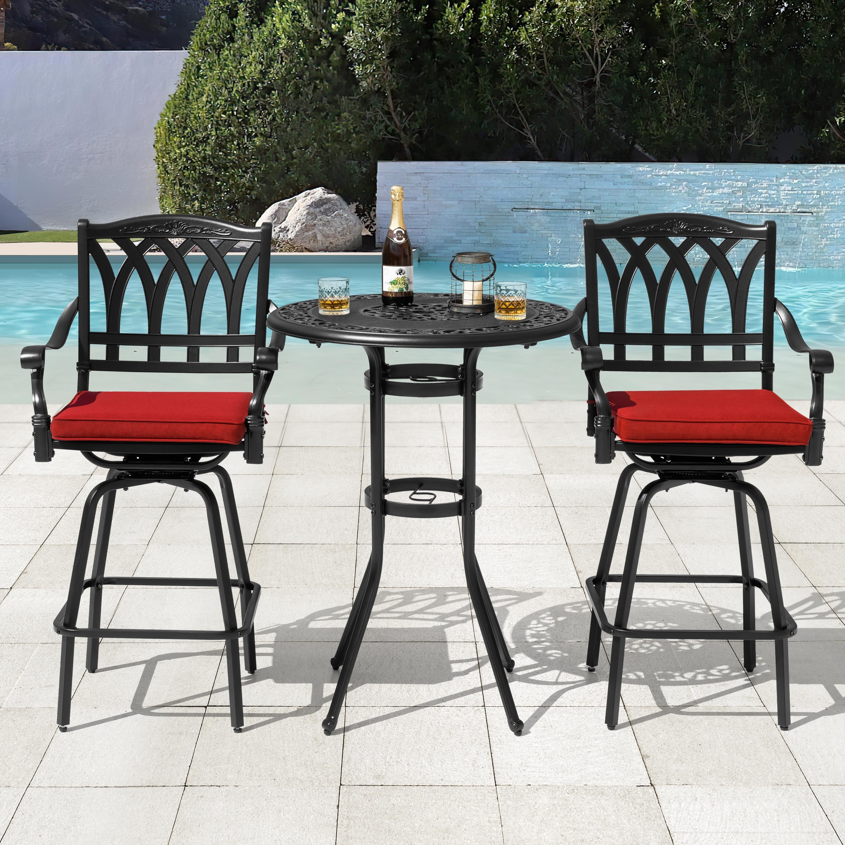 Nuu Garden 3PCS Cast Aluminum Outdoor Swivel Bar Set with Umbrella Hole, Olefin Cushions, Black and Red