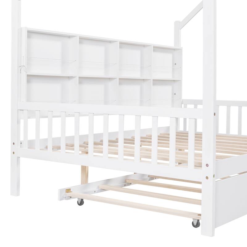 Wooden House Platform Bed Frame with Trundle Bed, Kids Playhouse Bed