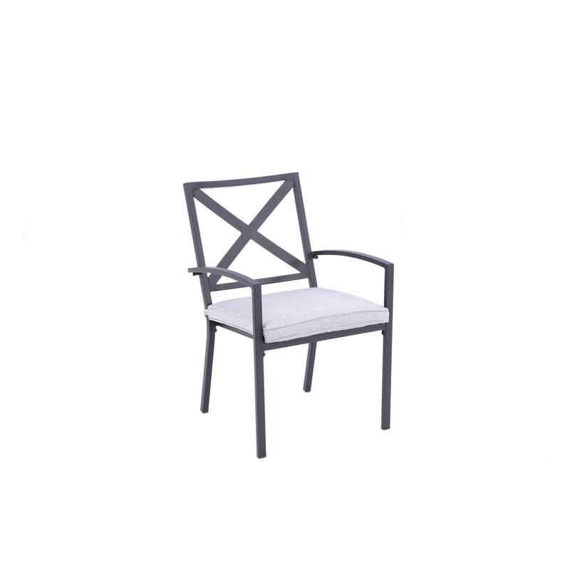 Set of Two Dark Gray Aluminum Outdoor Stacking Dining Chairs with Light Gray Cushion