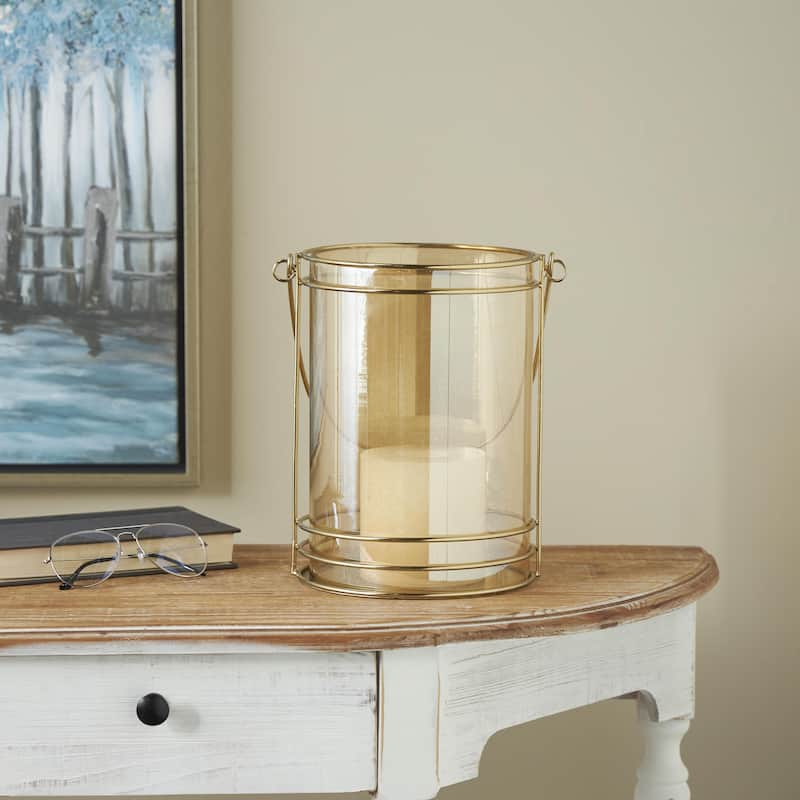 Metal Indoor Outdoor Candle Lantern with Thin Circular Rods and Tinted Glass - Gold - Roche River Decor