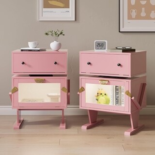Modern Pink Nightstand Set with LED Lights, 360° Rotating Drawer, and ...