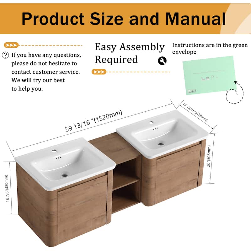Malwee 24"/36"/48"/60" Floating Bathroom Vanity, Wall Mounted Bathroom Vanity with Ceramic Sink,Soft Close Door and Shelf