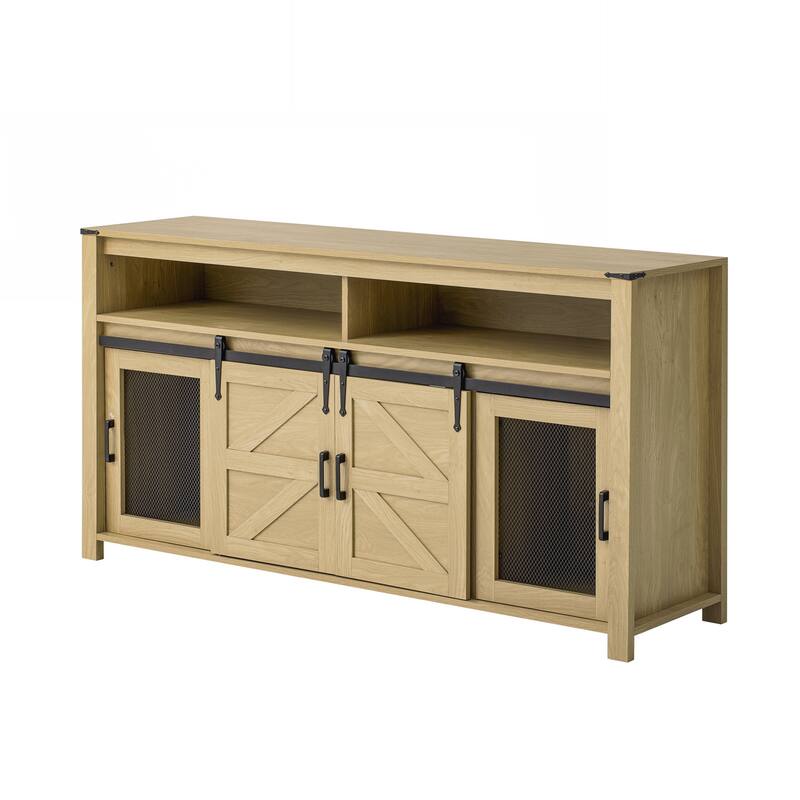 Sideboard with Sliding Barn Door and Mesh Panels,Farmhouse Buffet with Open Storage
