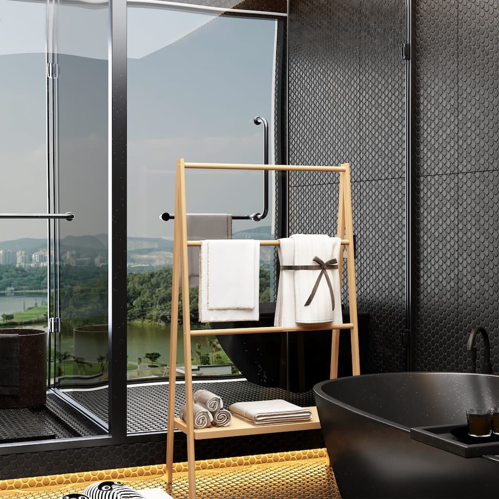 Bamboo Ladder Towel Rack with Storage Shelf