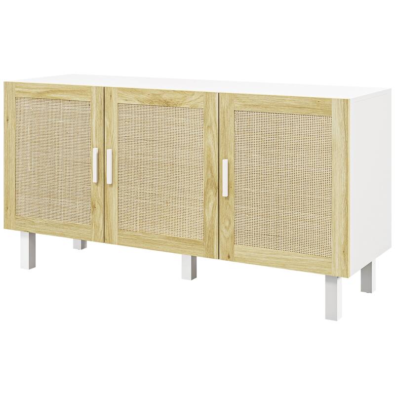 Boho Sideboard Buffet Cabinet with 3-Rattan Doors and Adjustable Shelves, White & Natural