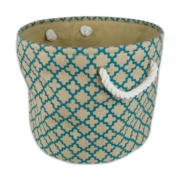 15" Brown and Teal Burlap Round Medium Bin with Rope Handles - N/A