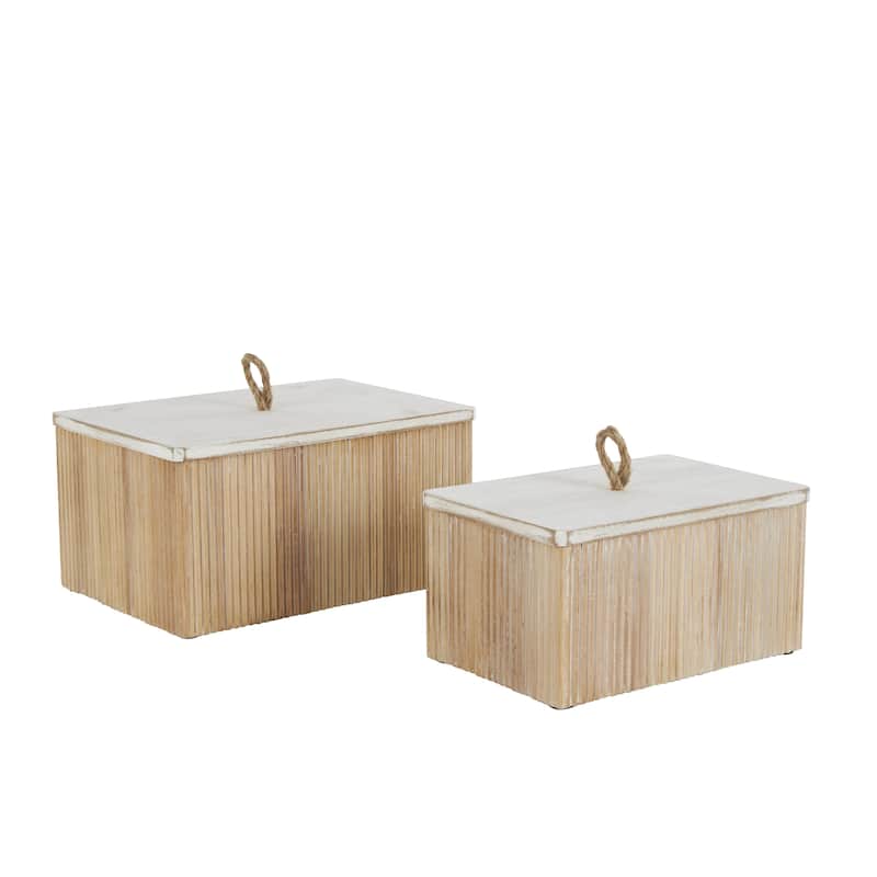 Wooden Washed Ribbed Storage Box with White Lids and Rope Handles - Set of 2 Brown - Roche River Decor