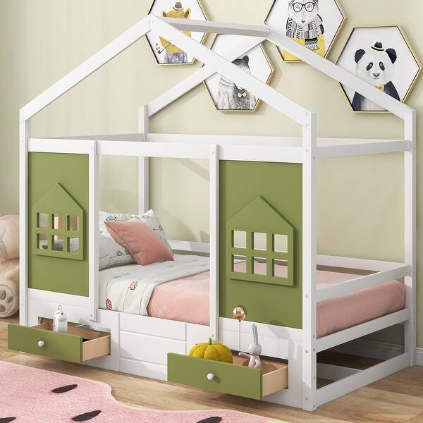 slide 2 of 8, Charming Twin Size Wood House Bed with 2 Storage Drawers and Window Design Olive Green - Twin