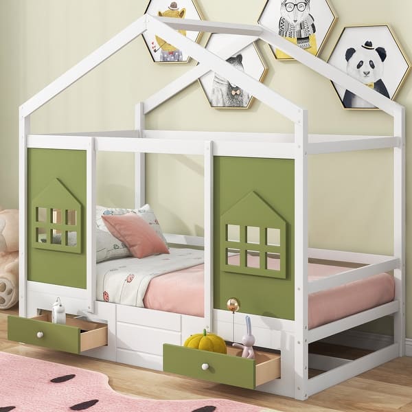 slide 2 of 16, Twin Size Wood House Bed with 2 Drawers and Window Decoration Olive Green